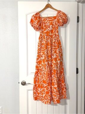 Orange Floral Puff-Sleeve Cotton Maxi Dress Square Neckline Summer Dress